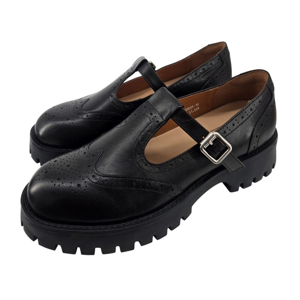 Beau Today T Strap Mary Jane Oxfords Chunky Lug Black Leather Shoes Sz 255 US 9